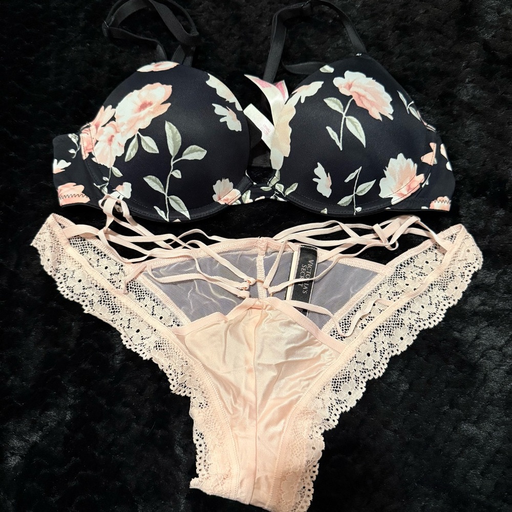 PINK Victoria's Secret Black and Pink Floral Bra and panty - Picture 1 of 2